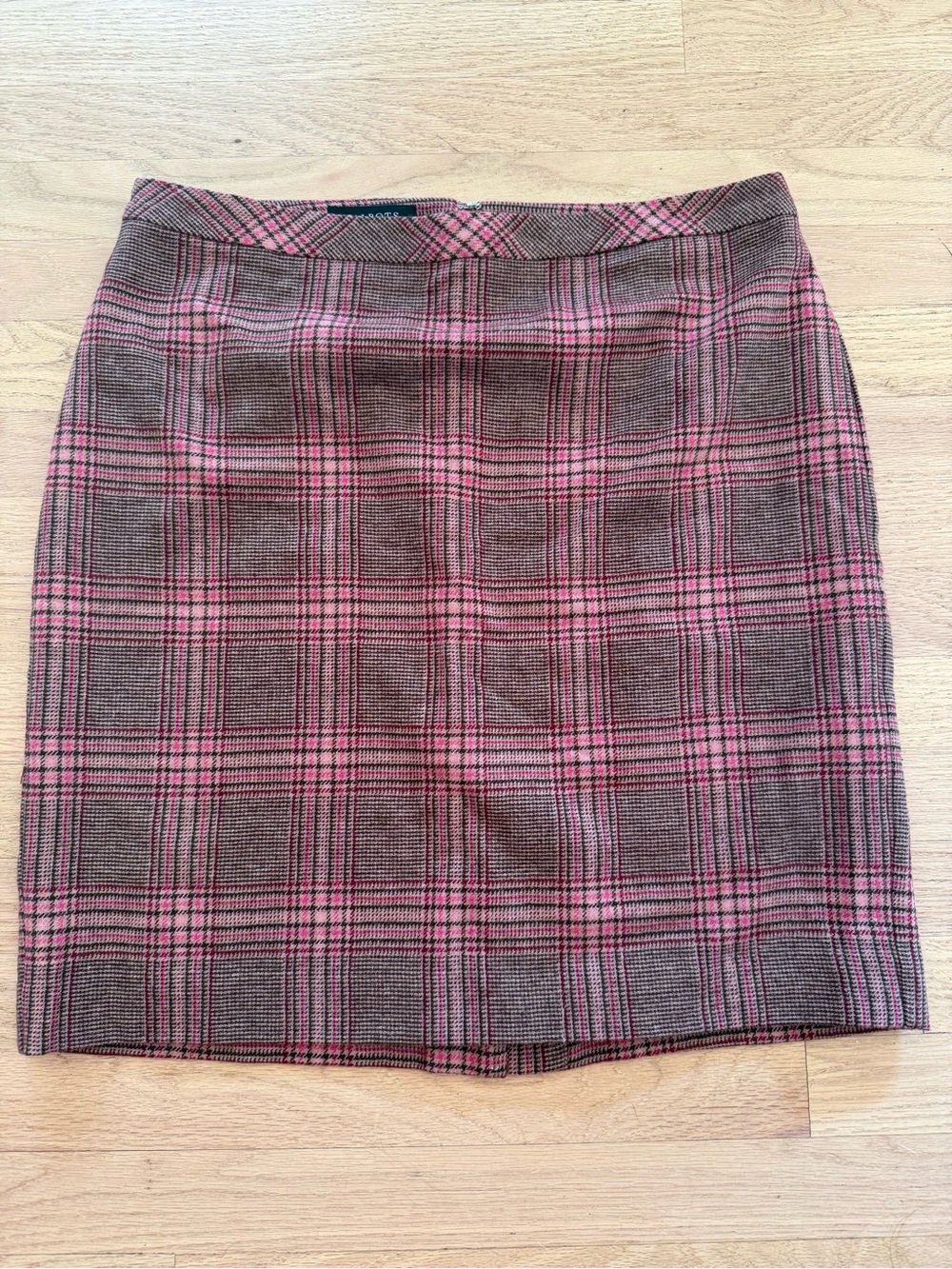 Talbots 14 Petite Brown & Pink Glen Plaid Wool Blend Skirt Preppy Officecore
